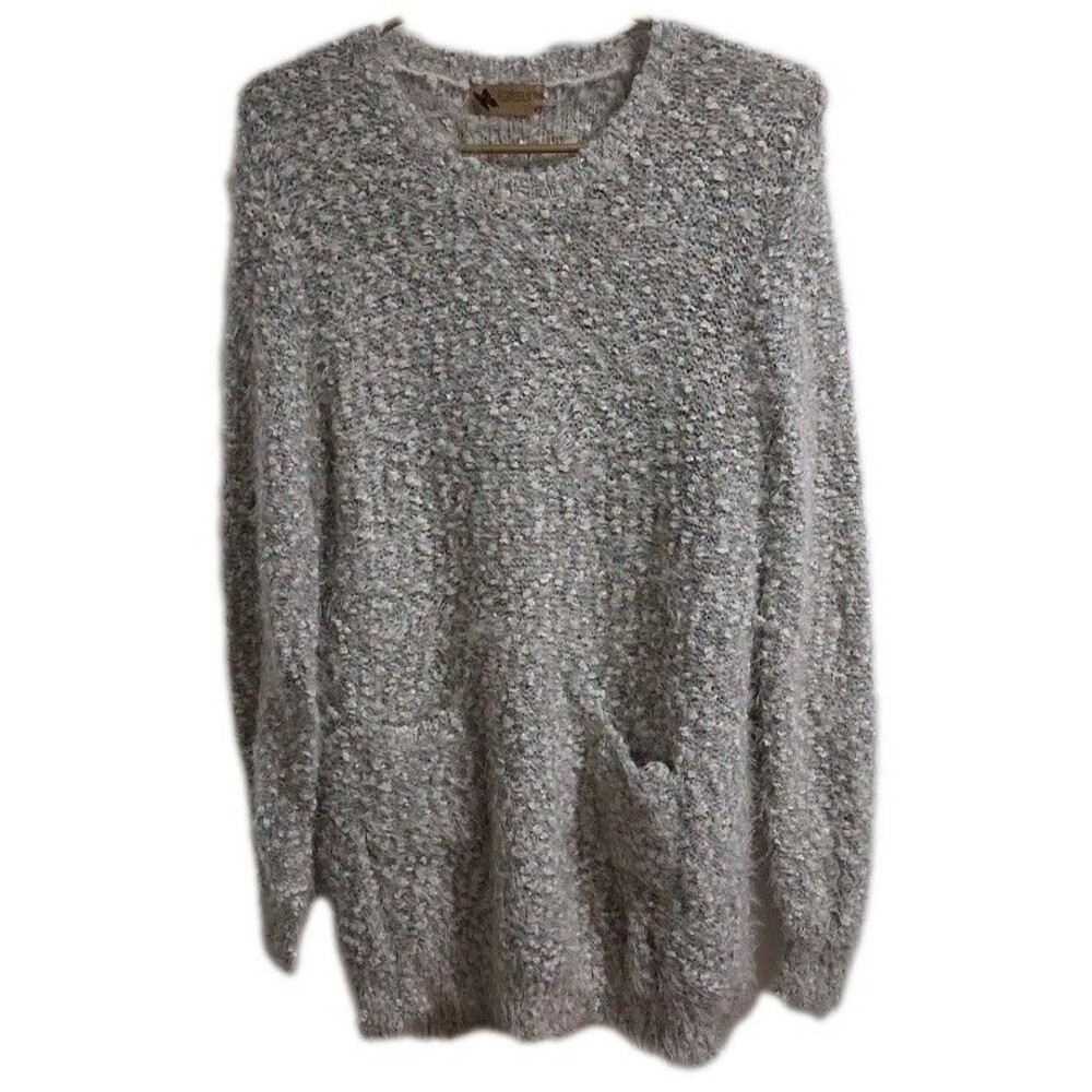 Katsumi Anthropologie Sweater Large Fuzzy Long Pullover Pockets Gray & Cream
